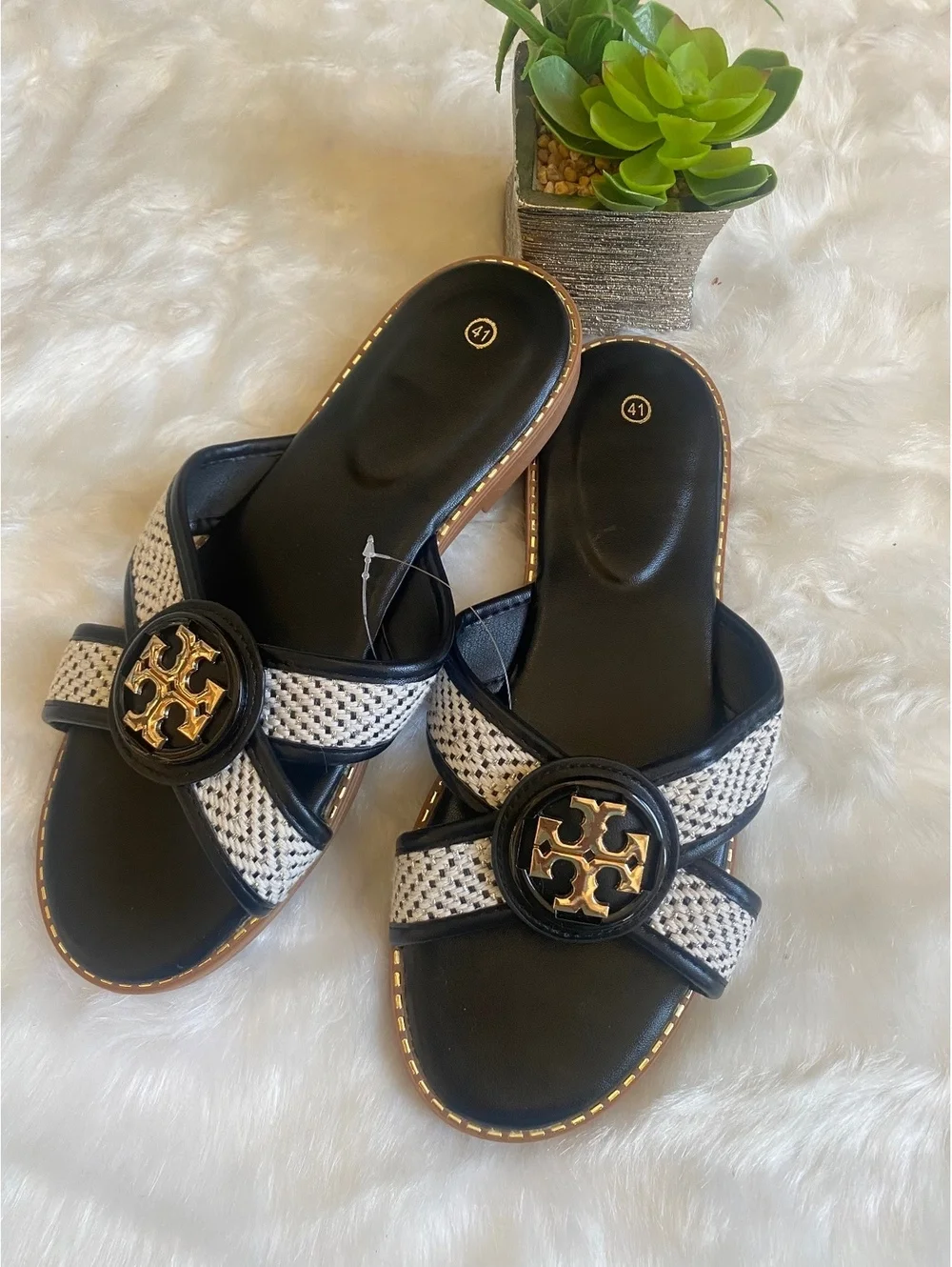 Tory Burch Black and White Slip-On Sandals, Gold Accent 10W